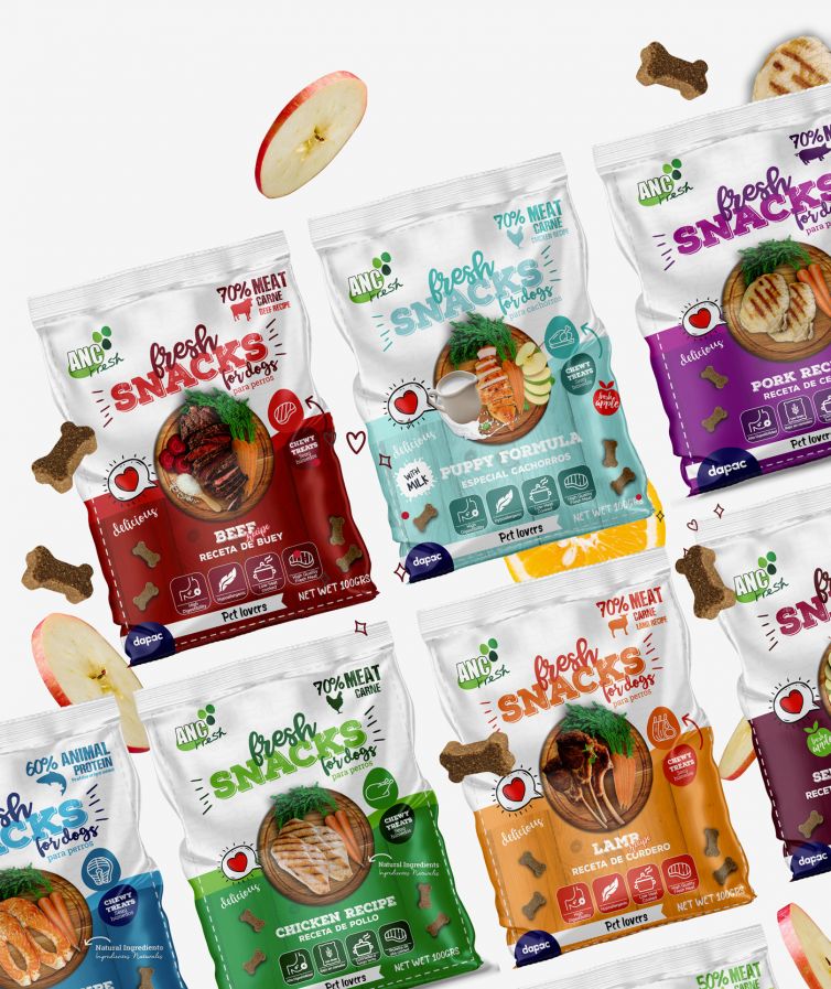 Diseñando la nueva línea de empaques de los snacks para Perros Fresh