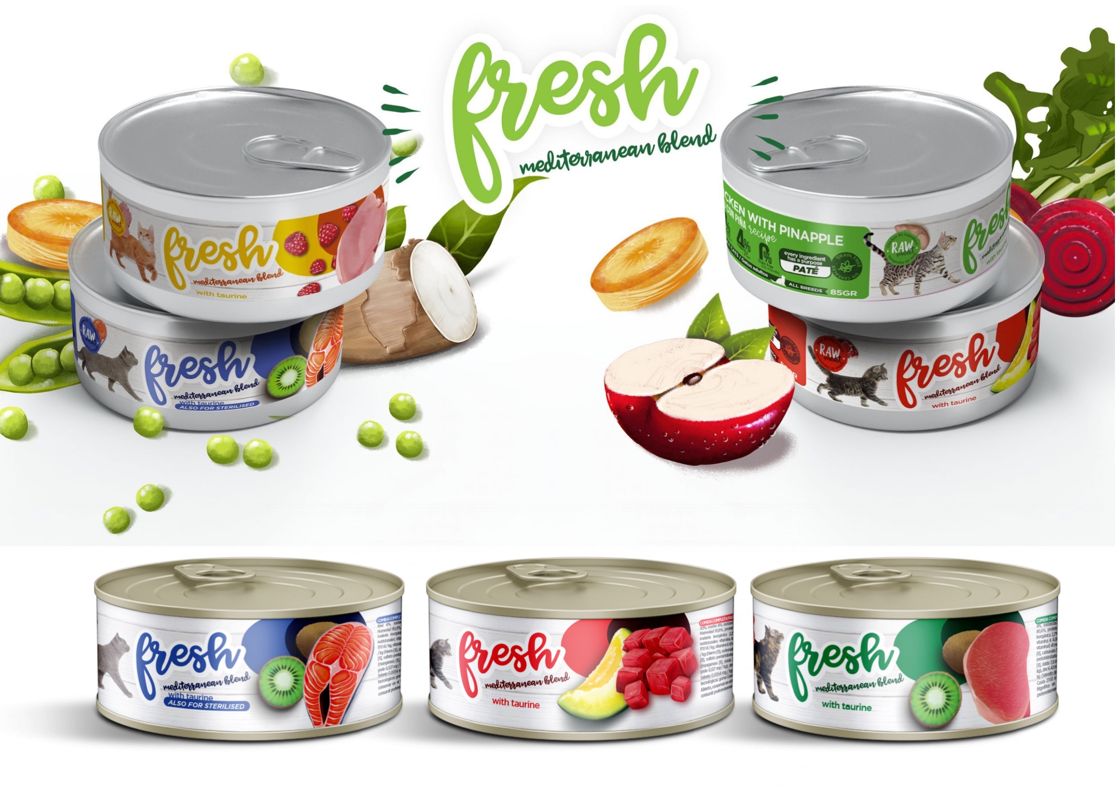 diseño de las etiquetas de alimentación para las latas de comida humeda para fresh mediterráneas para gatos