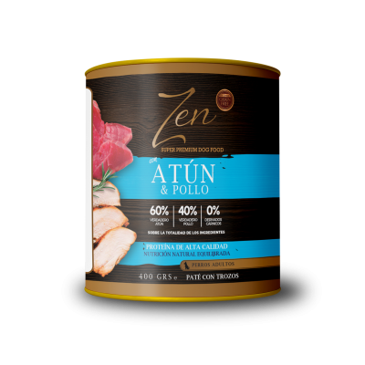 Diseño de etiqueta con estilo vintage en colores tierra y detalles dorados para pate de atun y pollo de la marca zen. Por Brandesign.