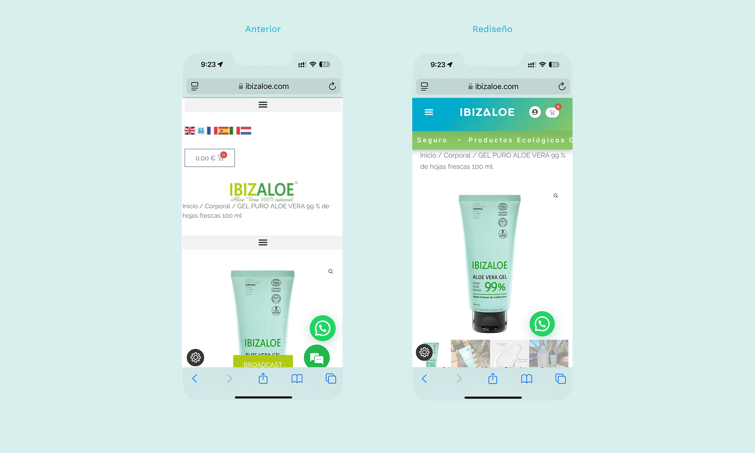 Diseño Web que Vende: El Secreto de IbizaLoe para Triunfar Online comparativa antes y después del rediseño de la tienda en dispositivos móviles