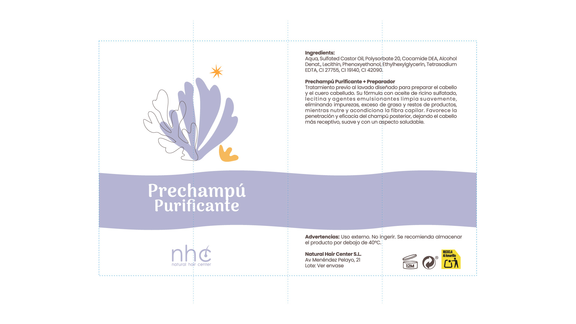 Diseño de packaging para Prechampú Purificante NHC creado por Brandesign, etiqueta cosmética inspirada en formas orgánicas y colores naturales.