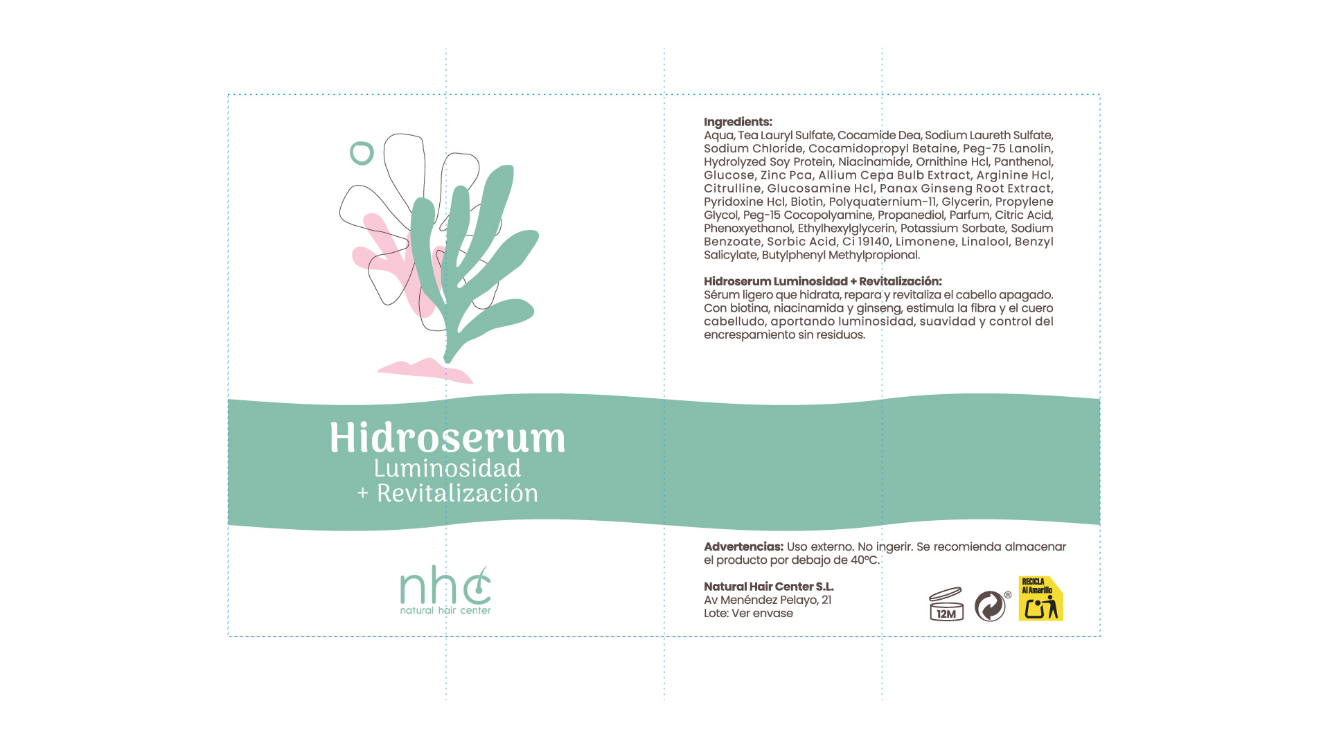 Etiqueta del Hidroserum NHC diseñada por Brandesign, packaging cosmético con ilustraciones naturales estilo orgánico.