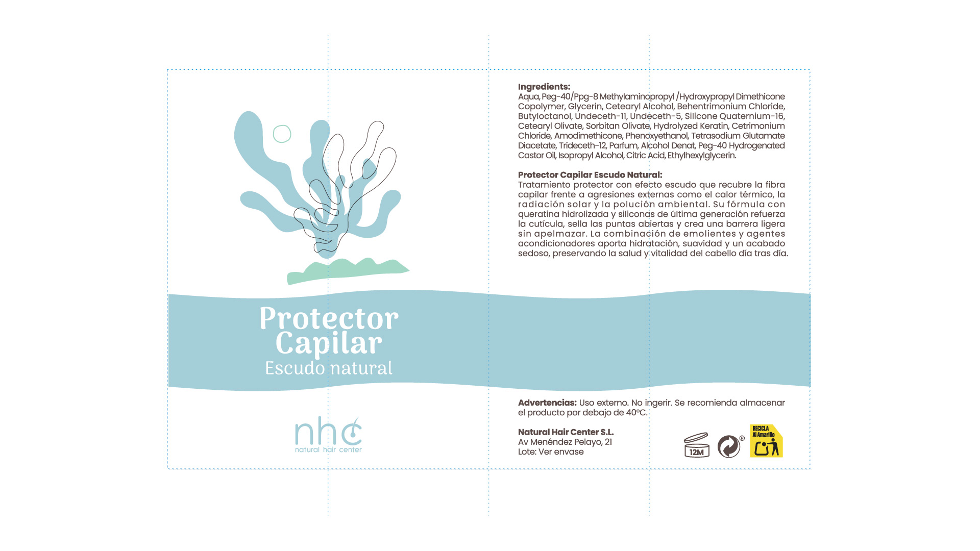 Diseño de envase para Protector Capilar NHC, ilustración orgánica y sistema de color creado por Brandesign para línea capilar clínica.