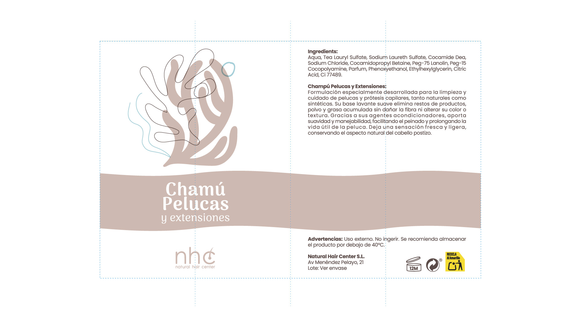 Etiqueta del Champú para Pelucas y Extensiones NHC, diseño de packaging clínico con código de color diferenciado por Brandesign.