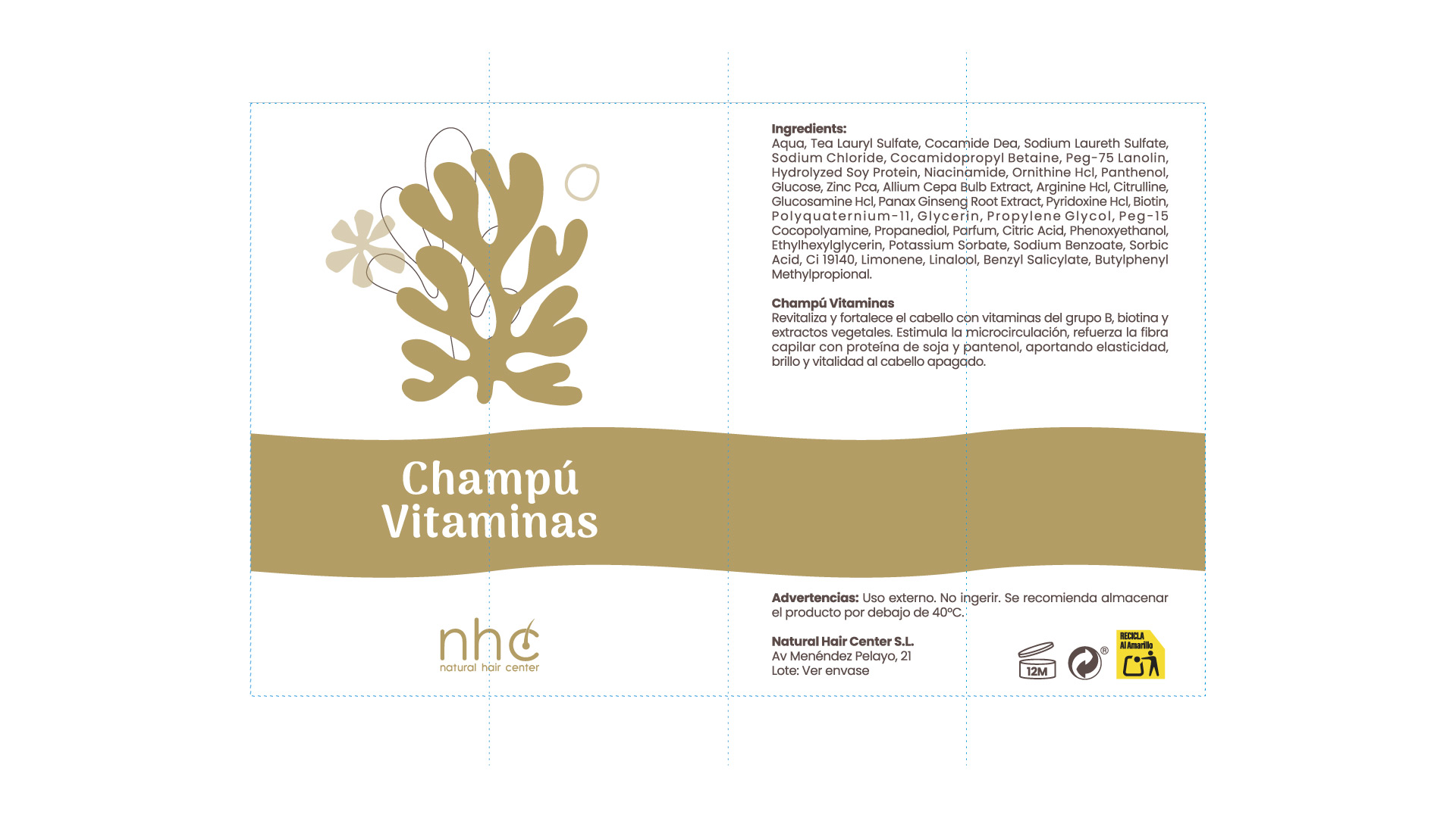 Diseño de packaging para Champú Vitaminas NHC, envase cosmético minimalista con ilustración botánica creada por Brandesign.