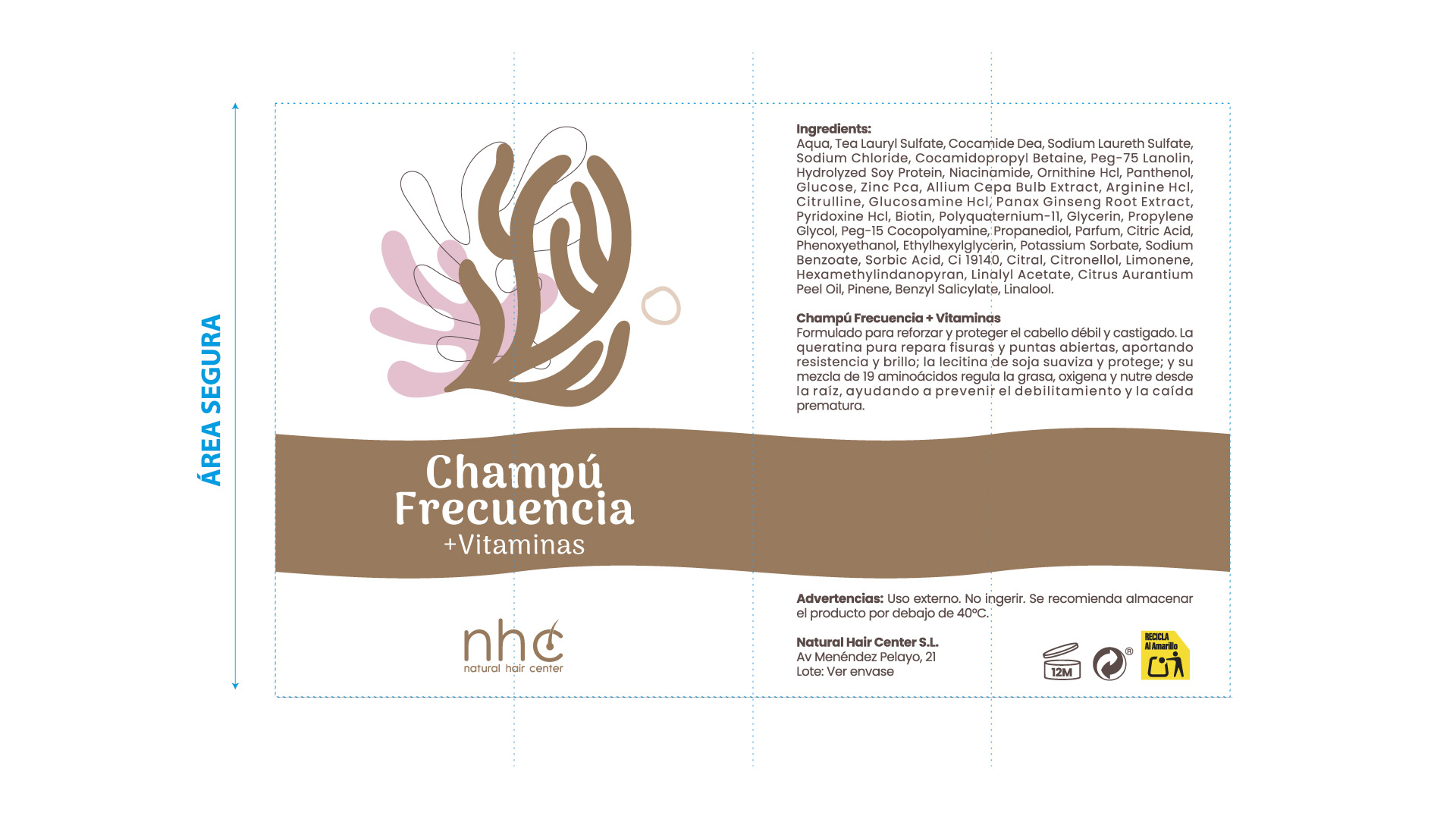 Etiqueta del Champú Frecuencia + Vitaminas NHC, diseño gráfico para envases cosméticos con diferenciación cromática realizada por Brandesign.