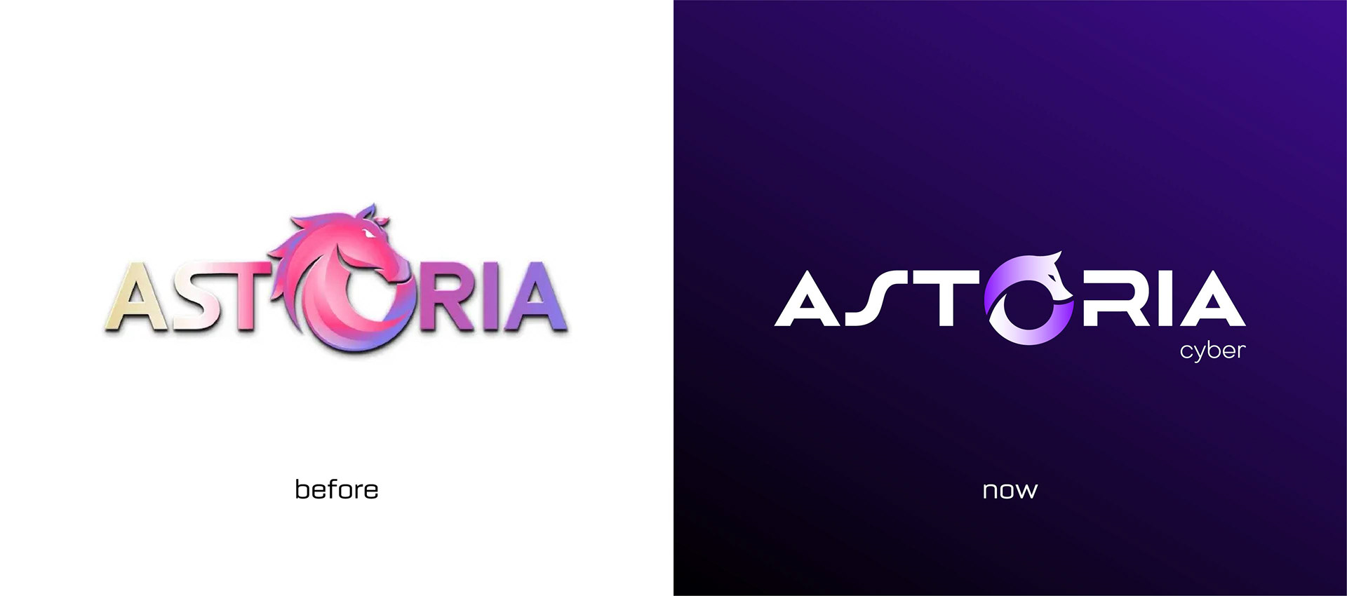 Comparación visual entre el antiguo logotipo 3D Comparación visual entre el antiguo logotipo 3D y la nueva identidad minimalista diseñada por Brandesign para Astoria Cyber.