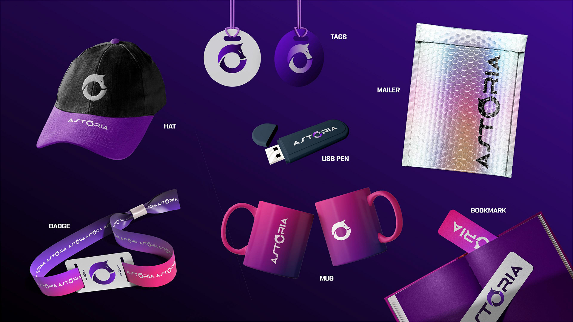 Aplicaciones gráficas en papelería corporativa de Astoria Cyber diseño de welcome pack o pack de bienvenida branding