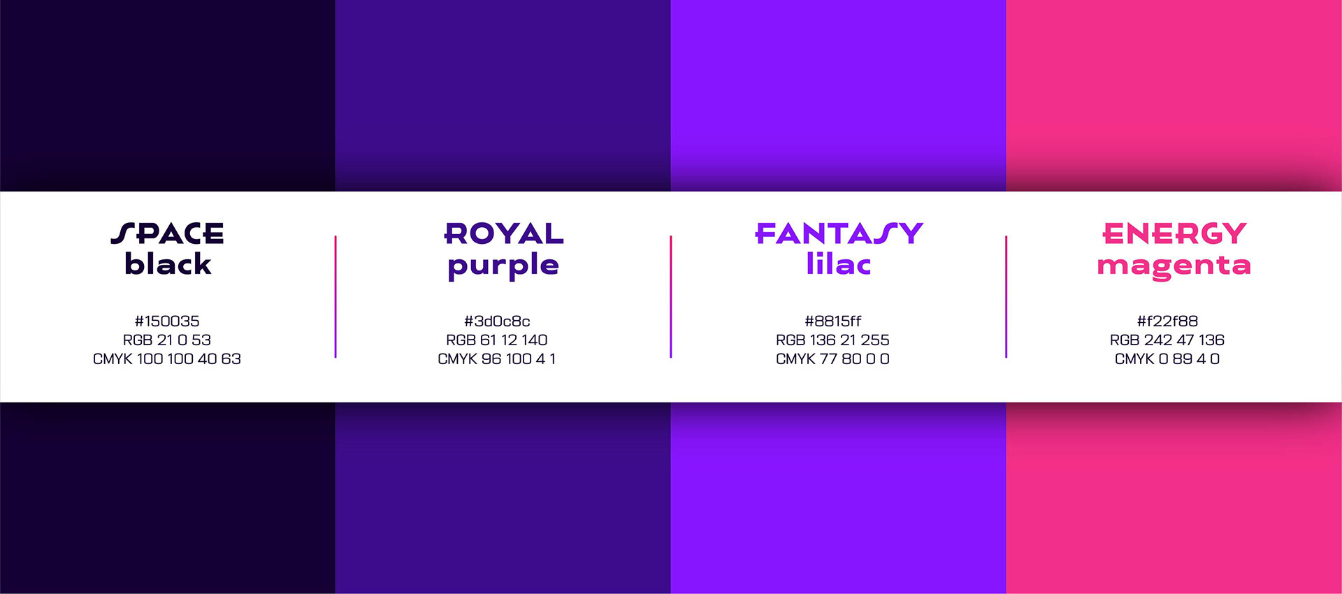 Paleta cromática de Astoria Cyber Esquema de colores de la marca basado en tonos cibernéticos como violeta, índigo y magenta, ideal para el sector tech y energético.